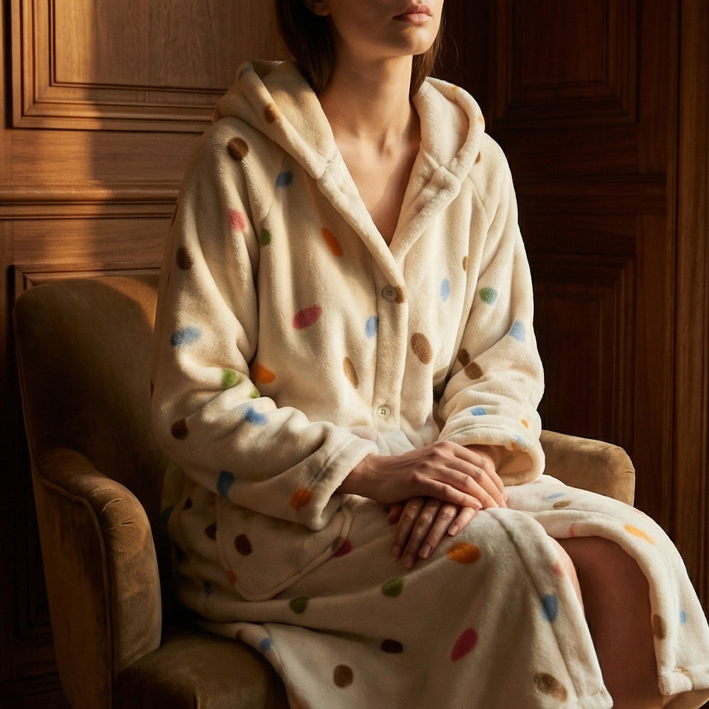 Peignoir Femme Long Polaire à Capuche Fermeture Boutons