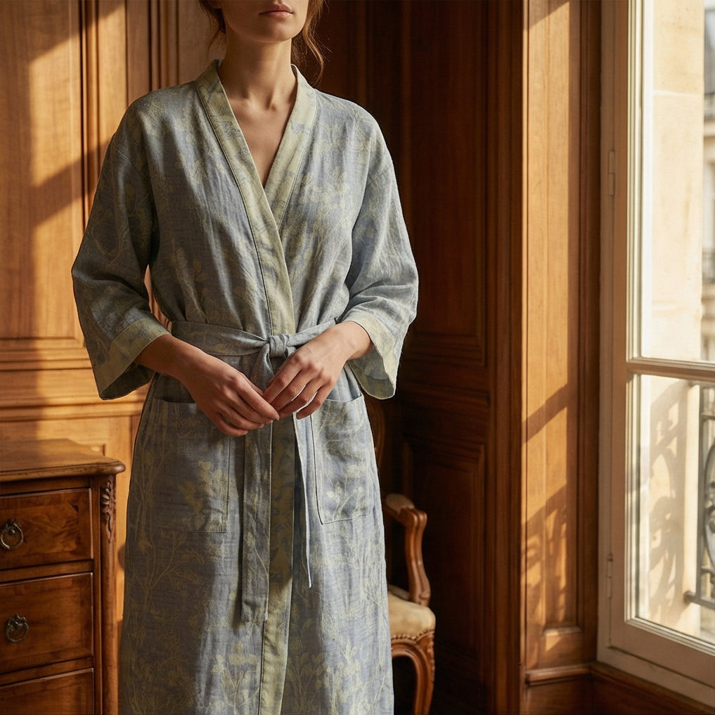 Peignoir Kimono Femme en Coton Léger Brodé Fleuri