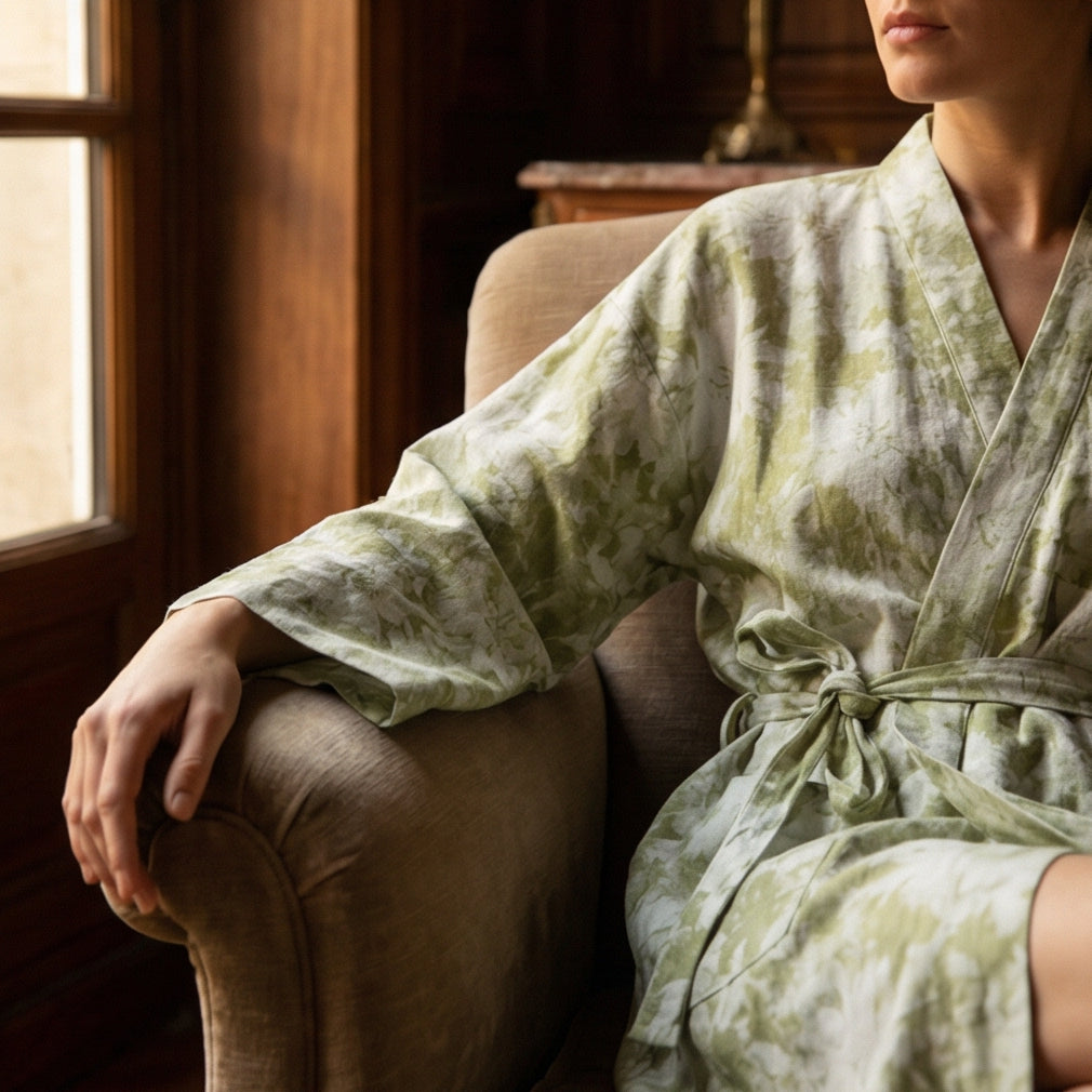 Peignoir Femme Coton Léger Motif Floral Coupe Kimono Mi-Long