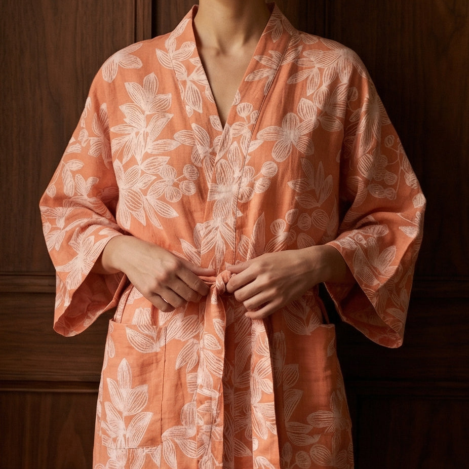 Peignoir Femme Été en Coton Coupe Kimono