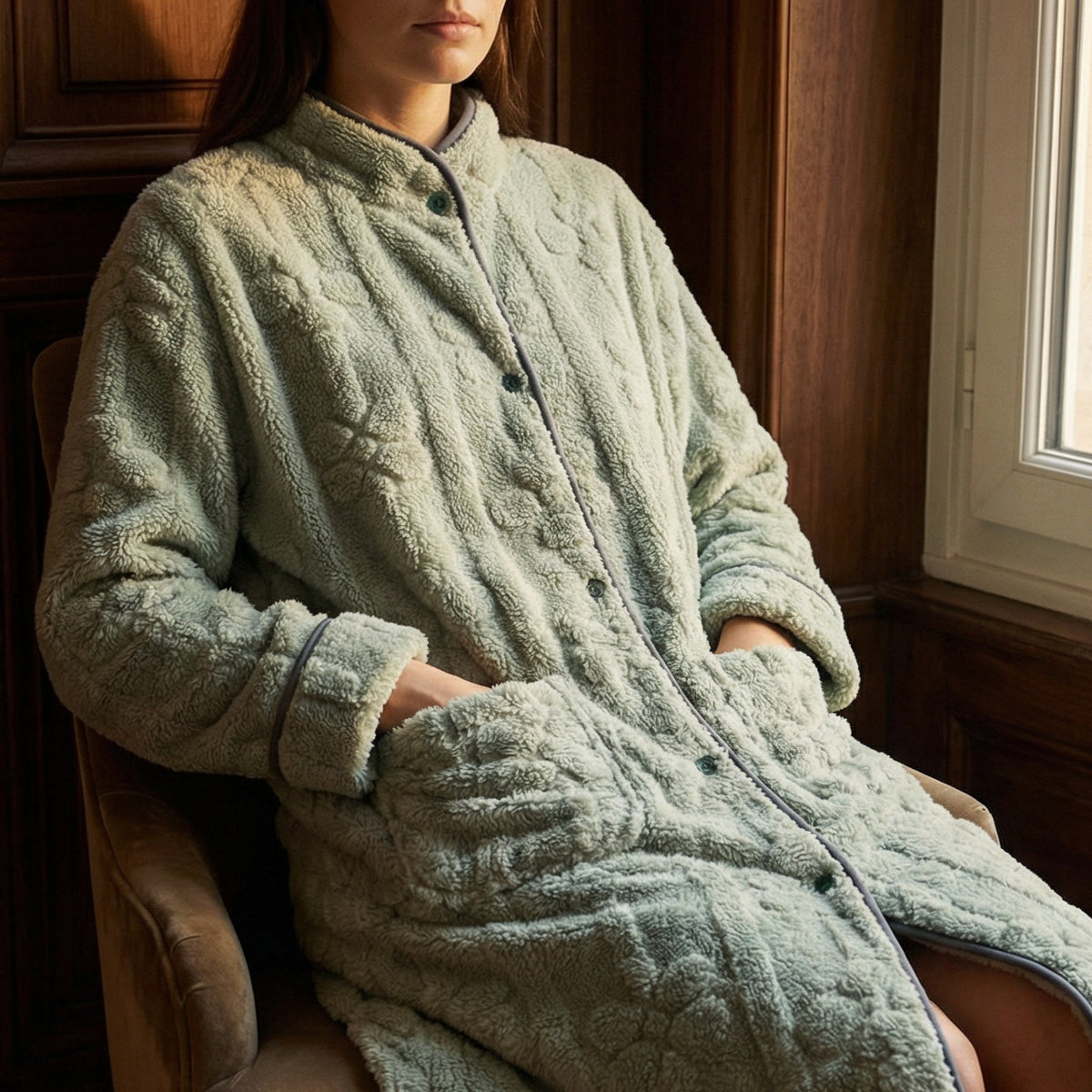 Peignoir Femme Polaire avec Boutons Motif Floral Relief