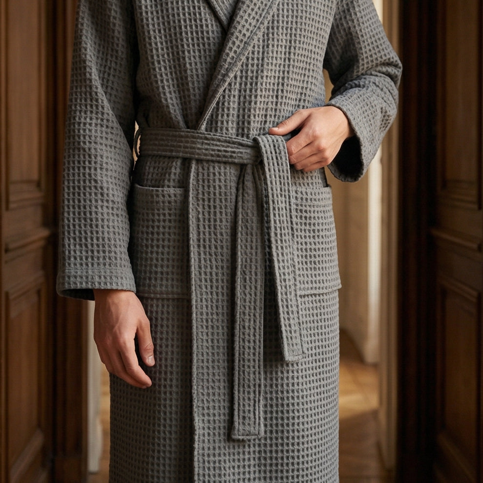 Peignoir Kimono Long en Coton Mélangé Nid d’Abeille Col Châle