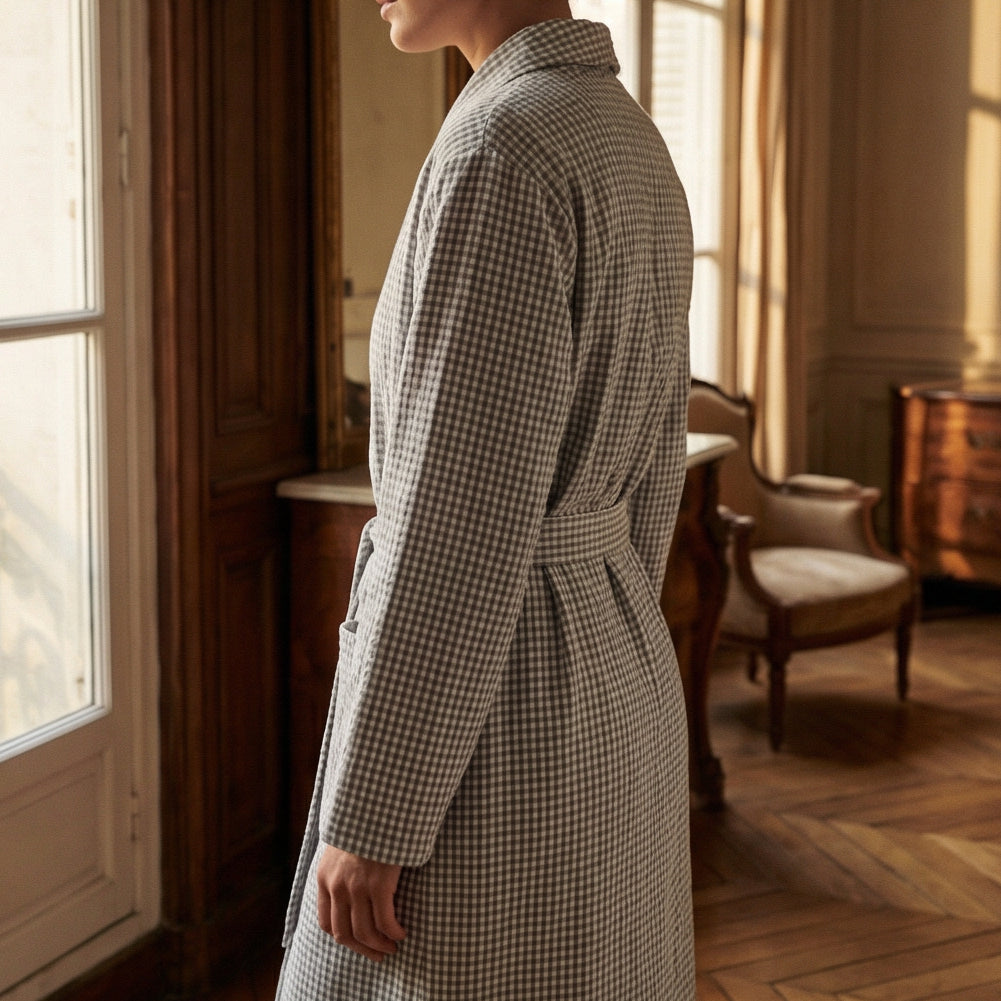 Peignoir Kimono en Gaze de Coton Petits Carreaux