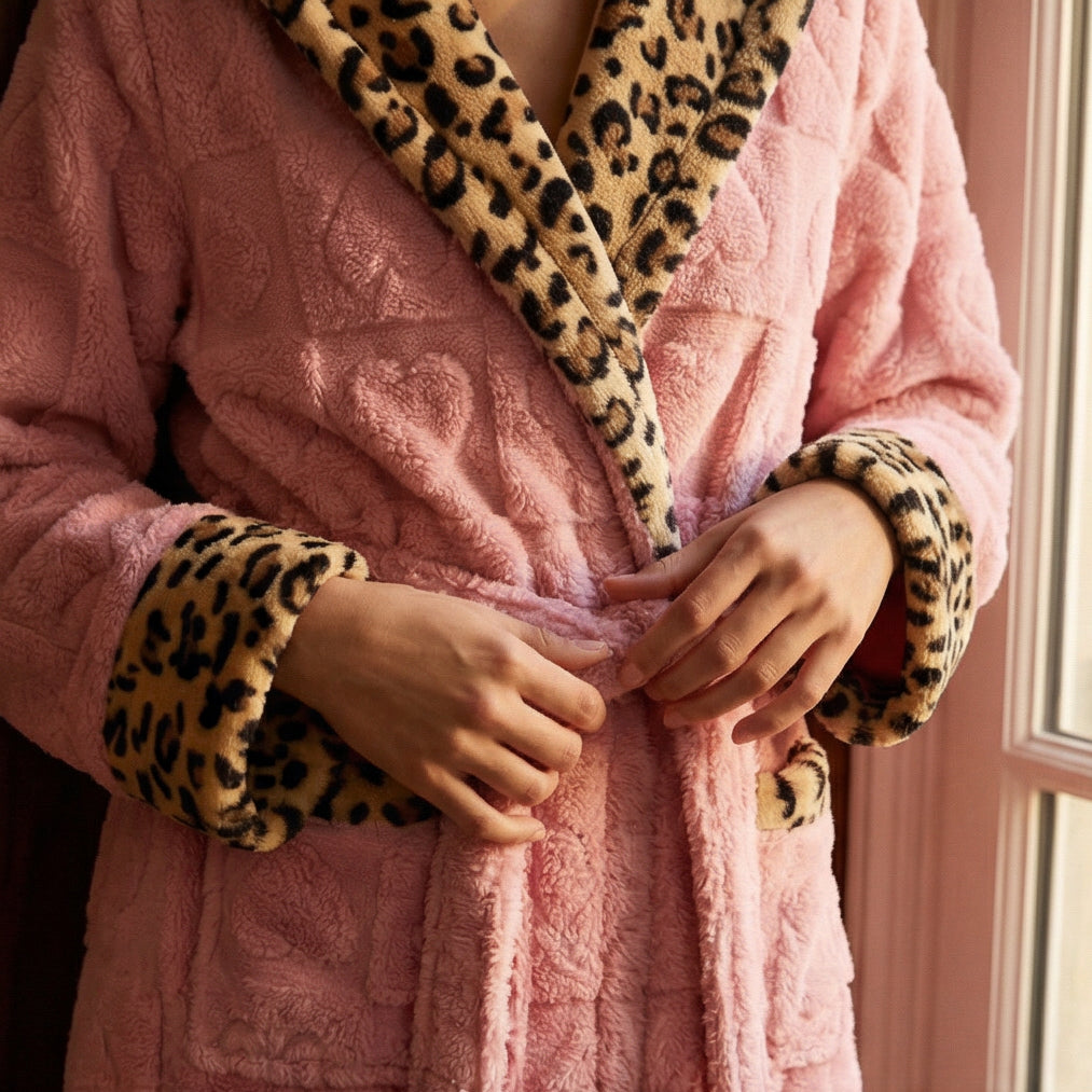 Peignoir Femme Polaire Motif Cœurs et Finition Léopard