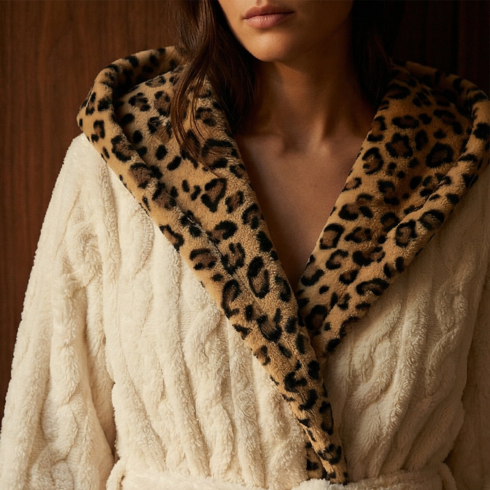 Peignoir Femme à Capuche Blanc Intérieur Léopard