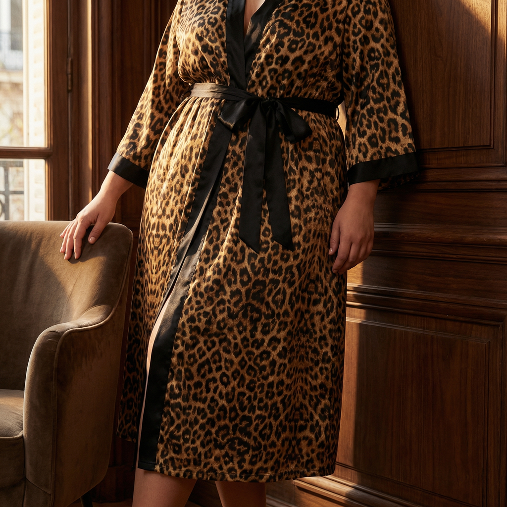 Peignoir Kimono Léopard Femme Grande Taille Finition Satinée