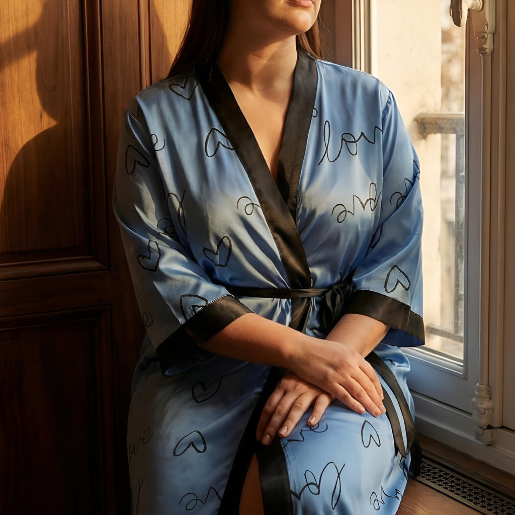 Peignoir Kimono Long Femme en Satin Imprimé Cœurs Grande Taille