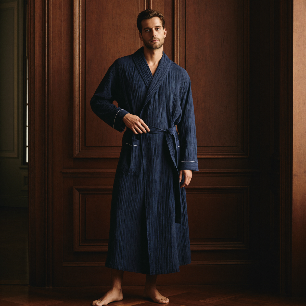 Peignoir Unisexe en Gaze de Coton Léger et Respirant Mi-Long