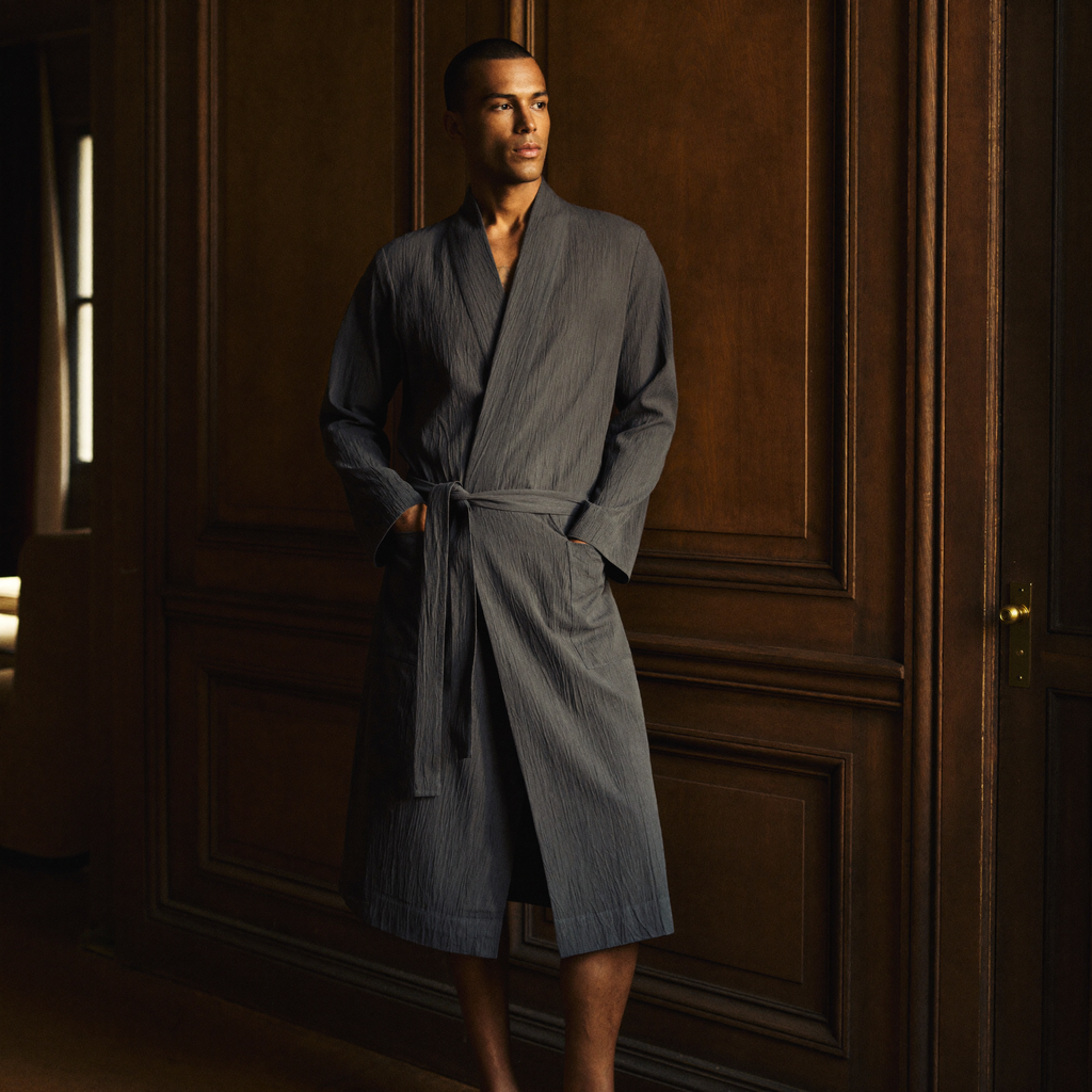 Peignoir Homme Coton Gaufré Coupe Kimono Gris