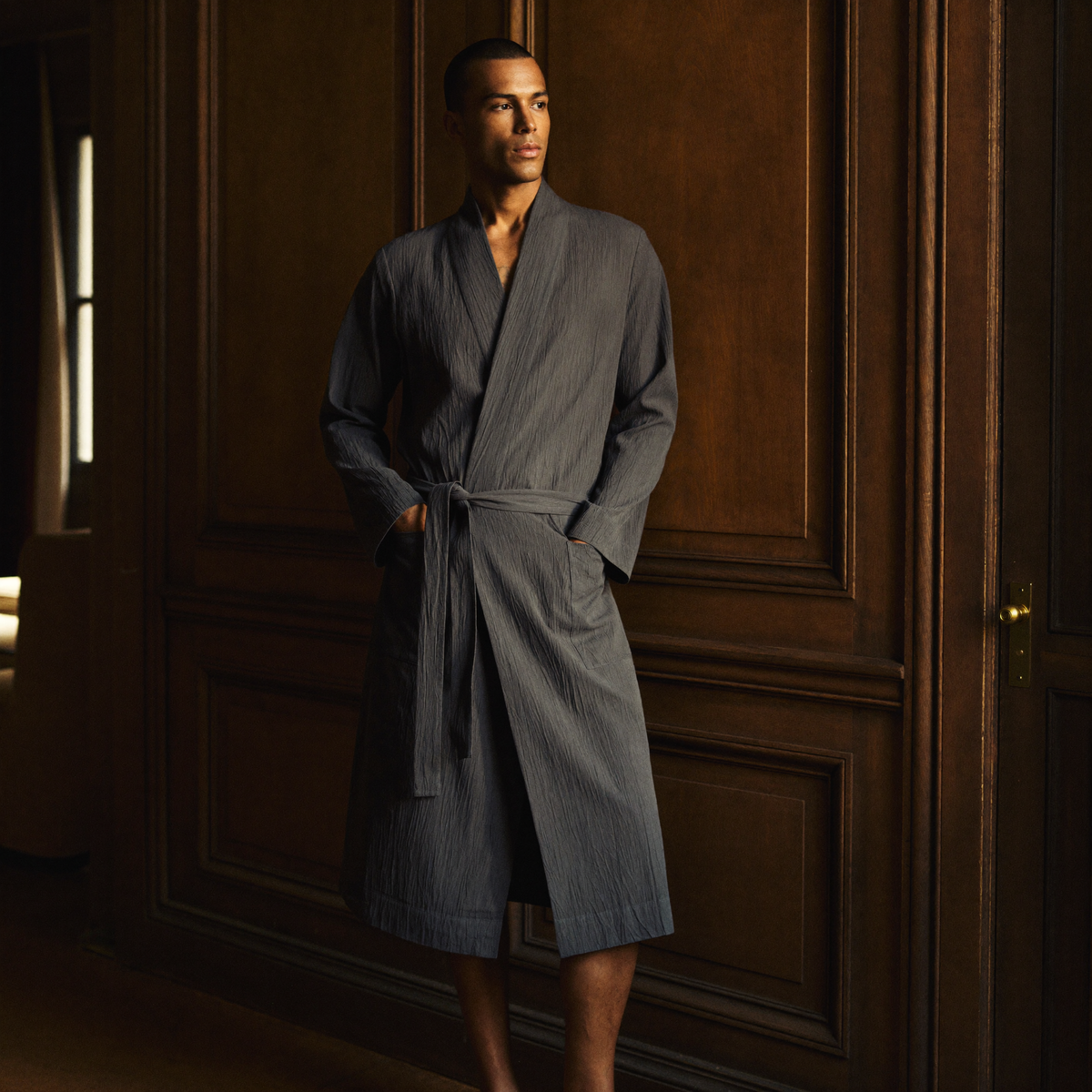 Peignoir Homme Coton Gaufré Coupe Kimono Gris