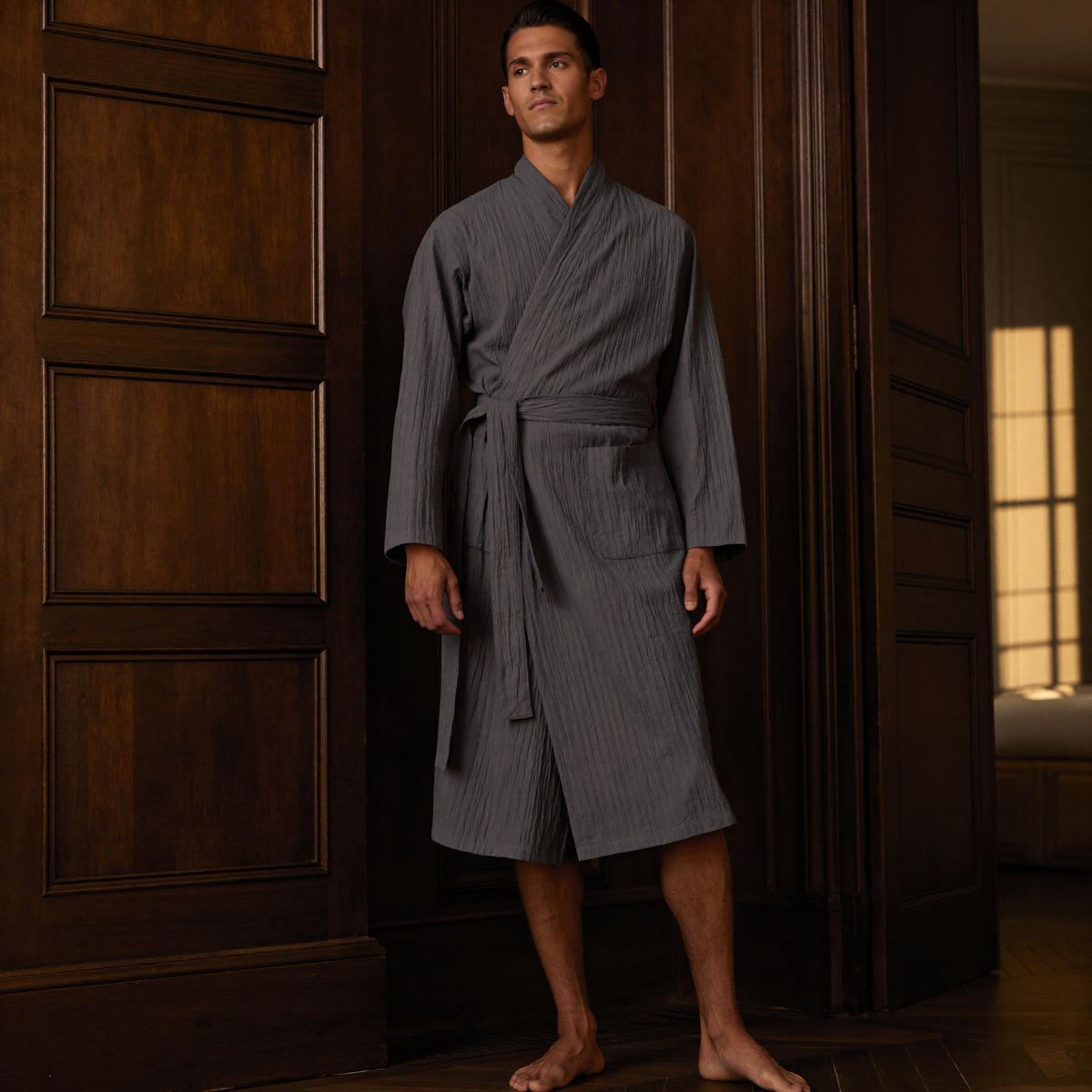 Peignoir Kimono Homme en Coton Effet Froissé